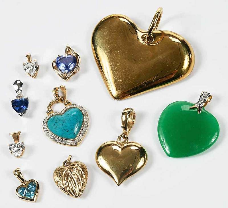 Appraisal: Ten kt Heart Pendants assorted gemstones including green hardstone blue