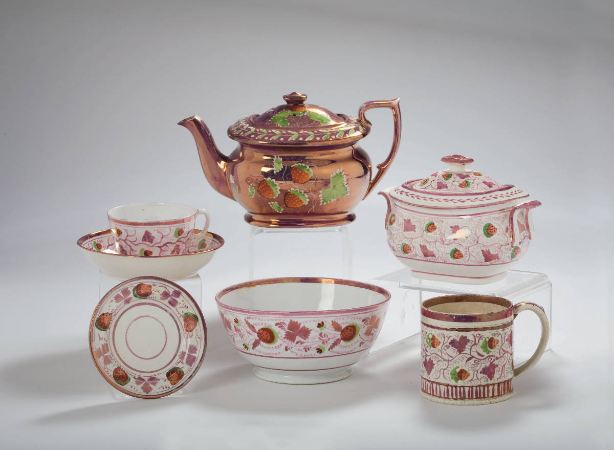 Appraisal: GROUP OF STAFFORDSHIRE PINK LUSTRE AND ENAMEL-DECORATED 'STRAWBERRY AND LEAF'