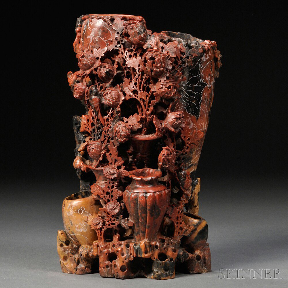 Appraisal: Tricolor Stone Vase China th century soapstone intricately carved and