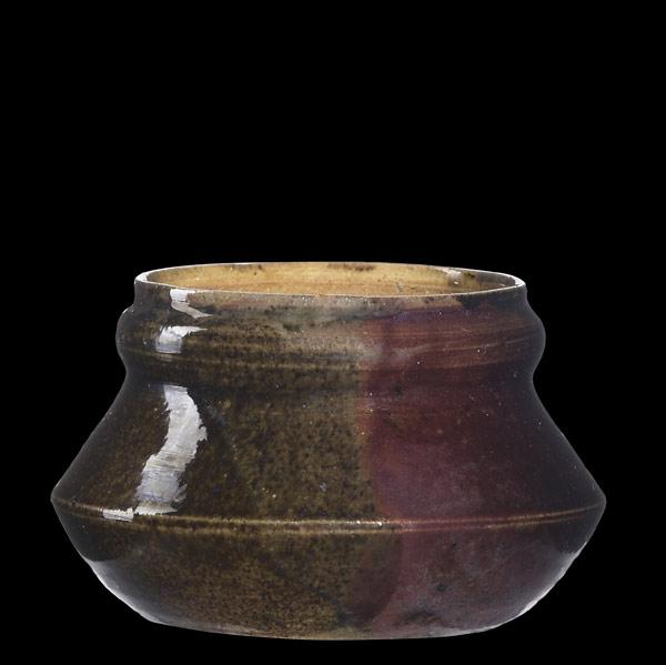 Appraisal: GEORGE OHRSquat vessel glazed in raspberry brown and green panelsIncised