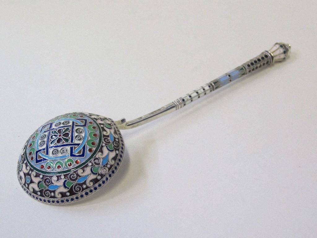 Appraisal: Russian silver and enamel anointing spoon