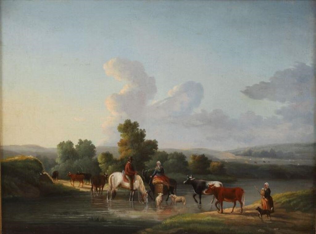 Appraisal: Framed oil on panel painting Travelers with Livestock Fording a