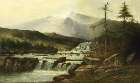 Appraisal: American School Late th Century Mountain Landscape with Cascading River