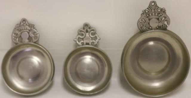 Appraisal: THREE TH - TH C CROWN HANDLE PORRINGERS AMERICAN PEWTER