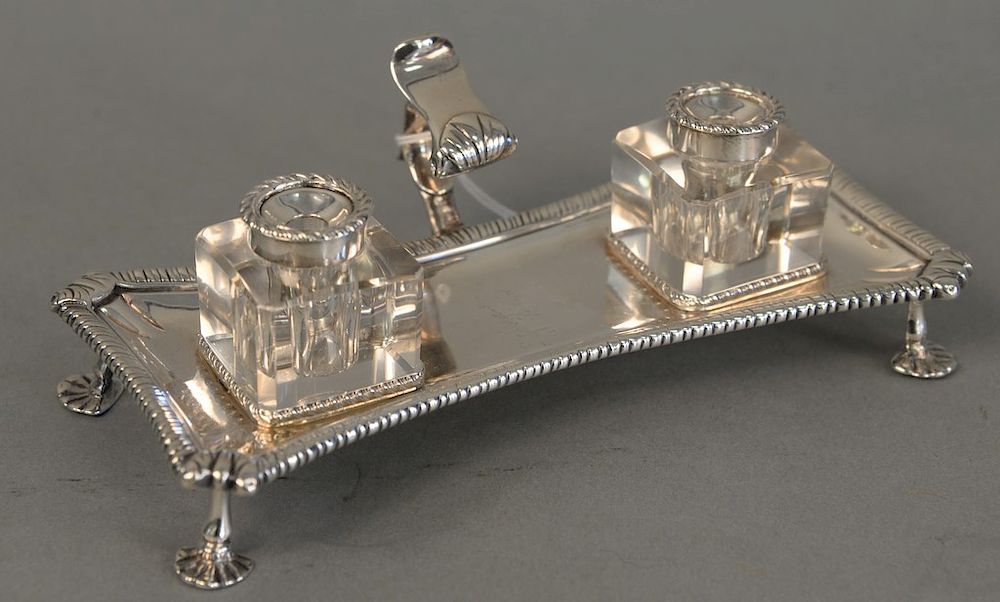 Appraisal: George III silver inkstand London snuffer's stand set with two