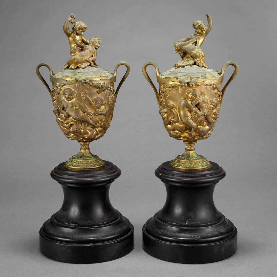 Appraisal: Companion Pair of Neoclassical Style Gilt-Bronze Garniture Urns Late th