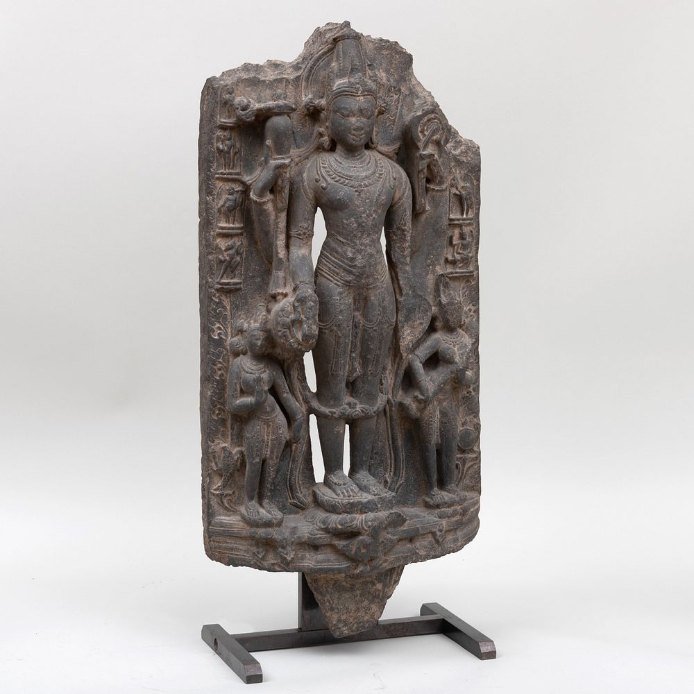 Appraisal: Indian Pala Style Black Stone Stele of Vishnu and Consorts