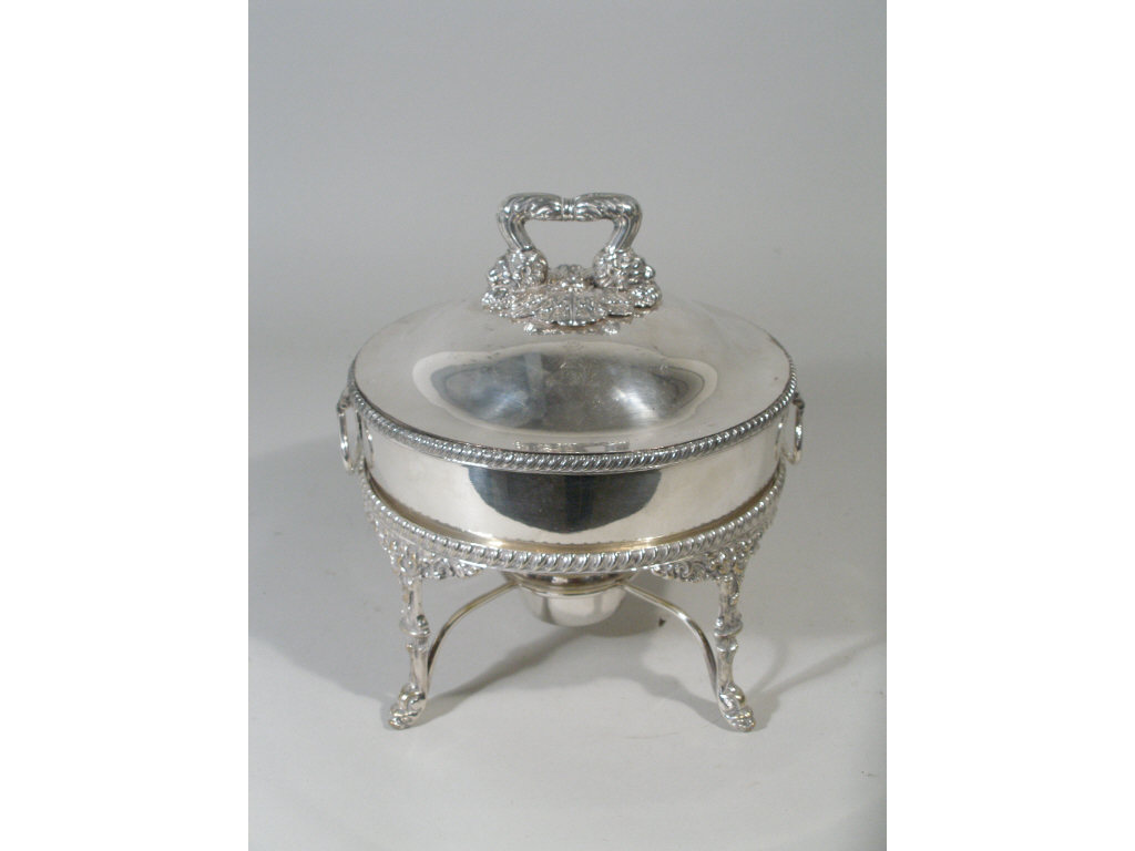 Appraisal: Old Sheffield Plate Chafing Dish circular form with gadrooned edges