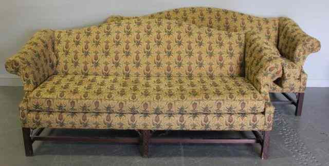 Appraisal: Chinese Chippendale Camelback Sofas withPineapple Pattern Upholstery Possibly Baker From