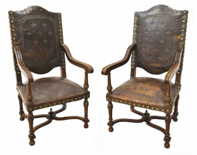 Appraisal: pair French Louis XIV style walnut armchairs th c padded