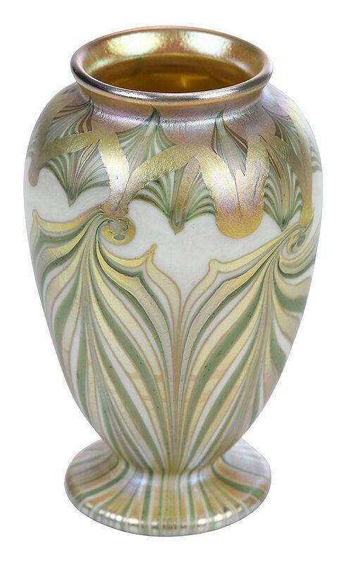 Appraisal: Quezal Pulled Feather Art Glass Cabinet Vase American early th