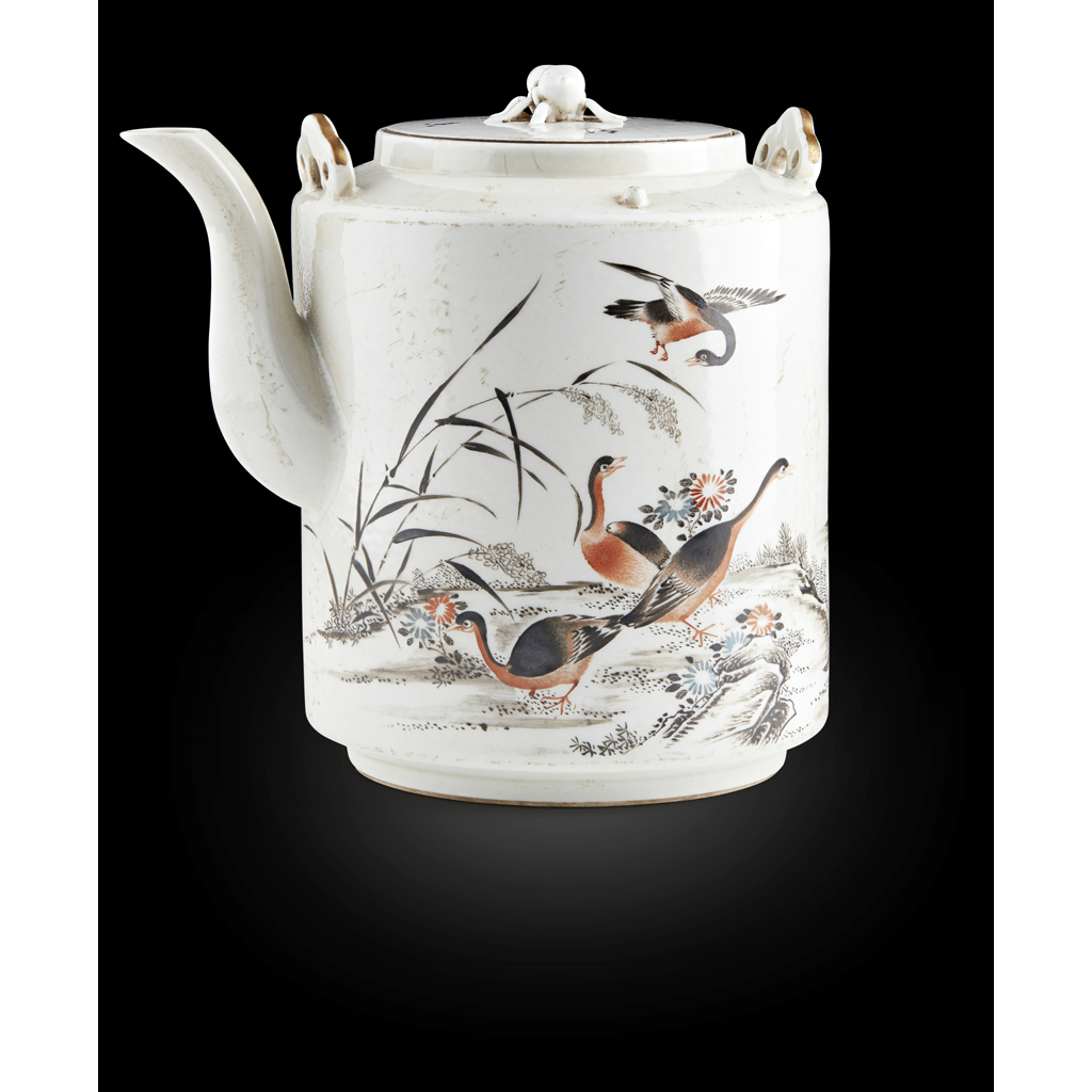 Appraisal: GRISAILLE AND IRON-RED DECORATED TEAPOT DATED decorated with wild geese