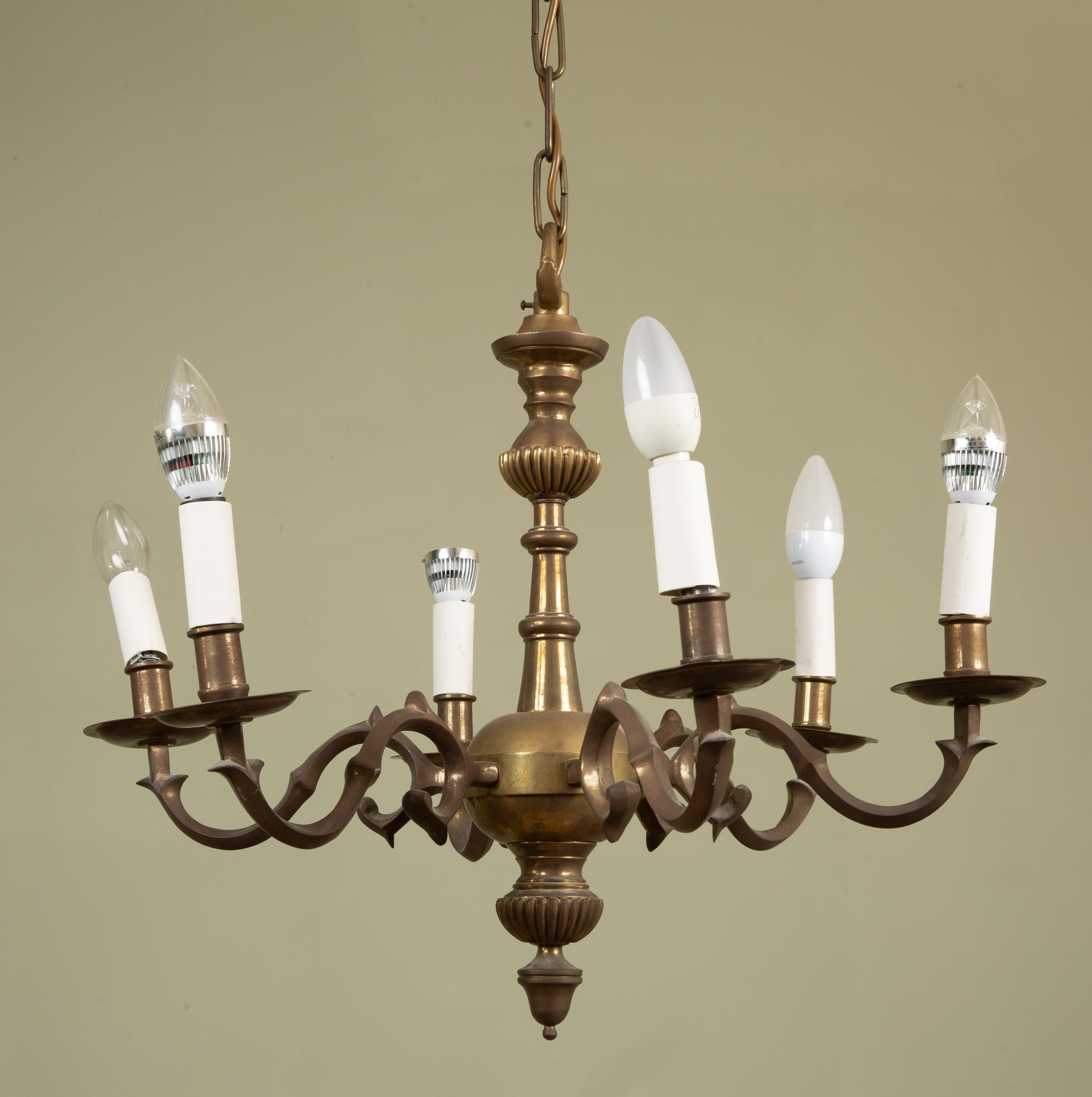 Appraisal: An th century Dutch-style brass six-light chandelier or electrolier with