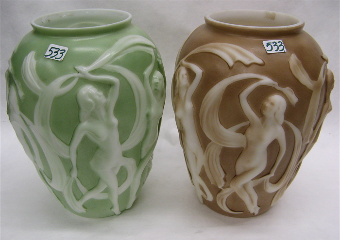 Appraisal: TWO CONSOLIDATED LAMP AND GLASS COMPANY SCULPTED VASES Art Nouveau