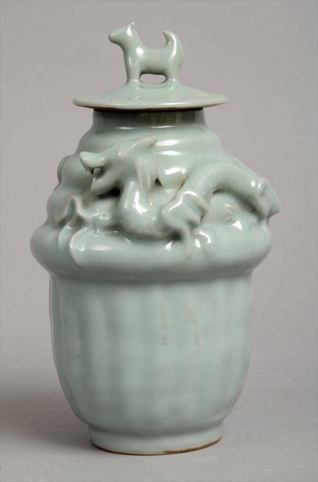 Appraisal: Chinese Song-Style Celadon Jar and Cover with Applied Dragon On