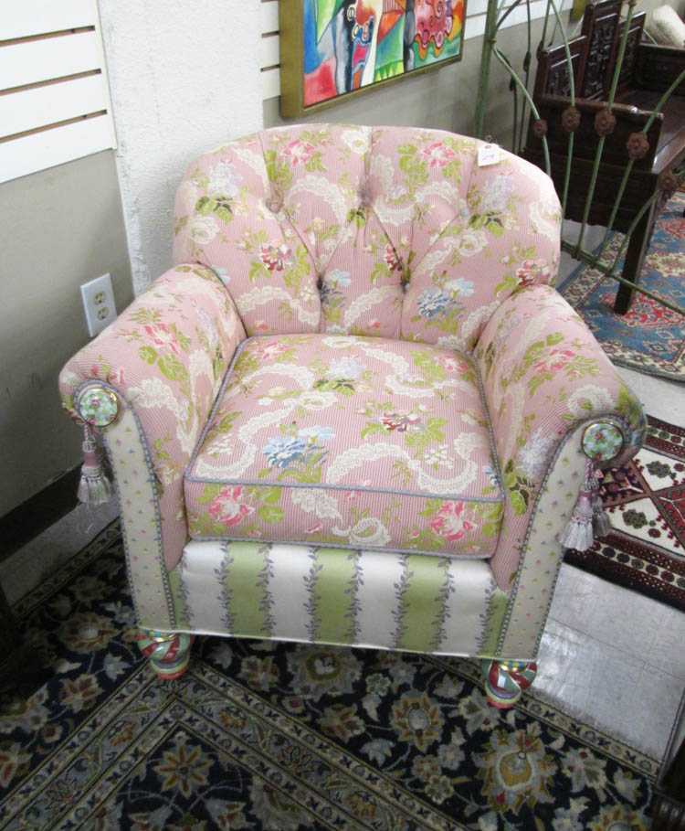 Appraisal: MACKENZIE-CHILDS LOUNGE CHAIR style made by Harden Furniture Inc McConnellsville