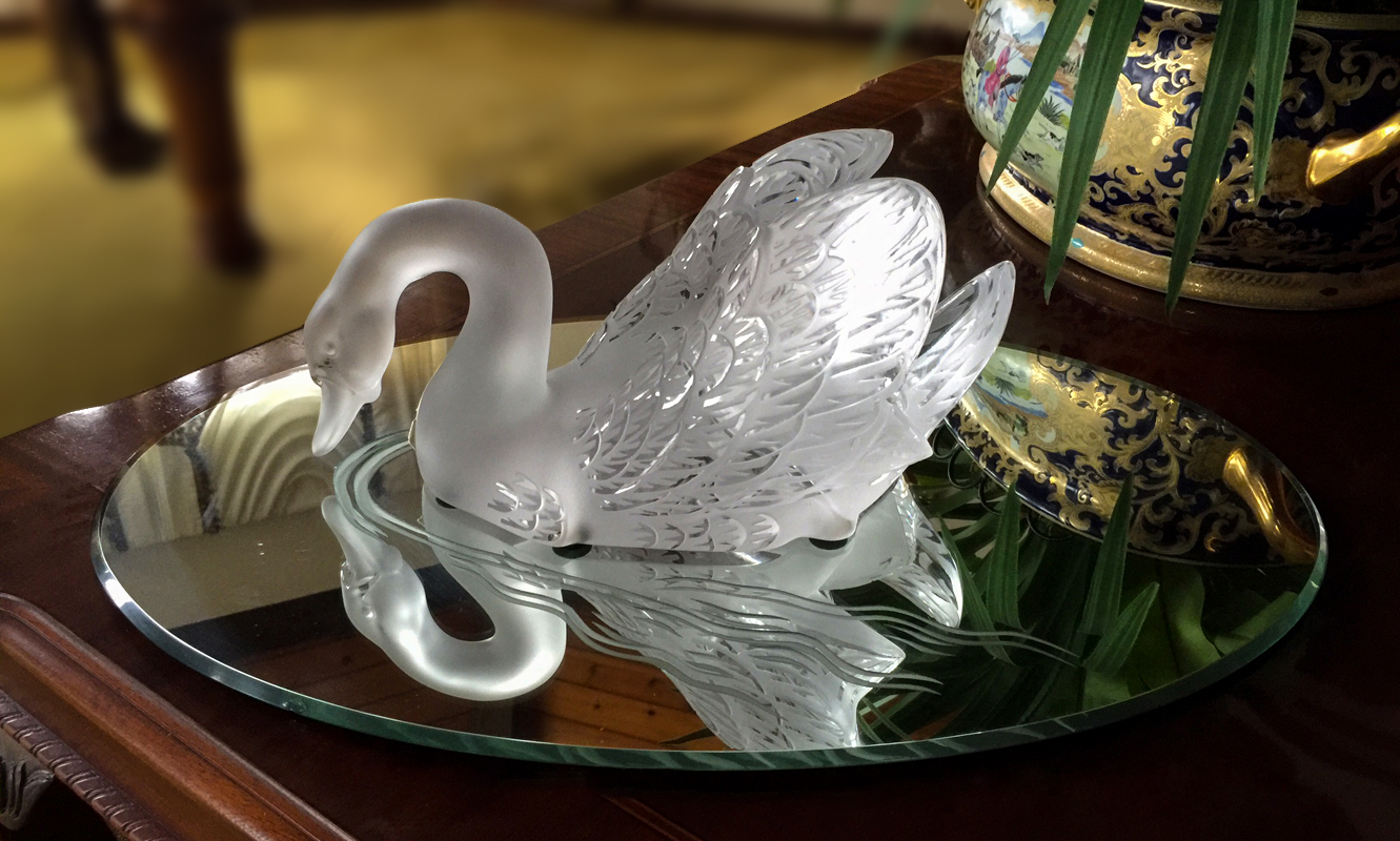 Appraisal: LALIQUE CRYSTAL CYGNE SWAN ON MIRROR Large frosted and molded