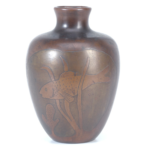 Appraisal: CLEWELL Unusual copper-clad bulbous vase etched with a fish swimming