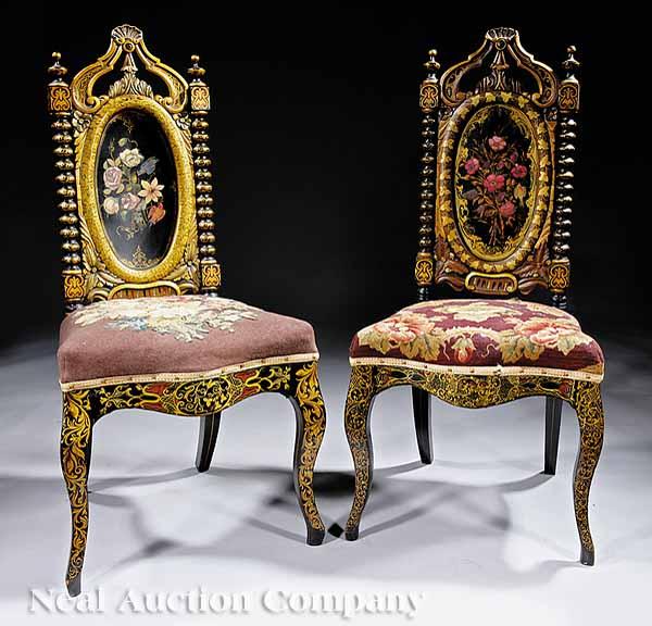 Appraisal: A Fine Pair of American Rococo Lacquered and Gilt-Decorated Side