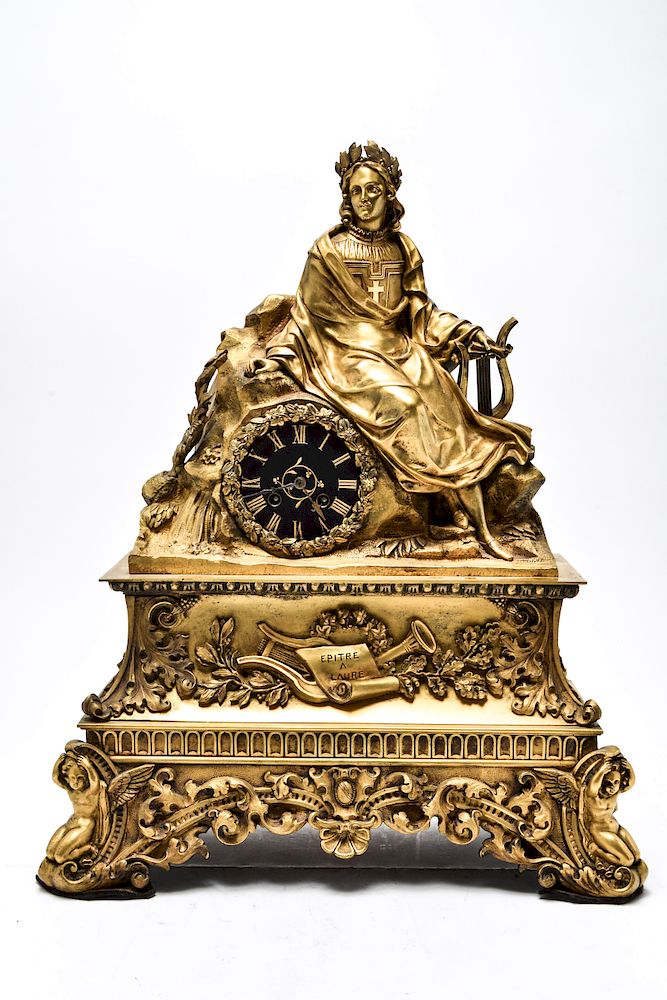 Appraisal: French Gilt-Bronze Figurative Mantel Clock th C French gilt-bronze Epitre