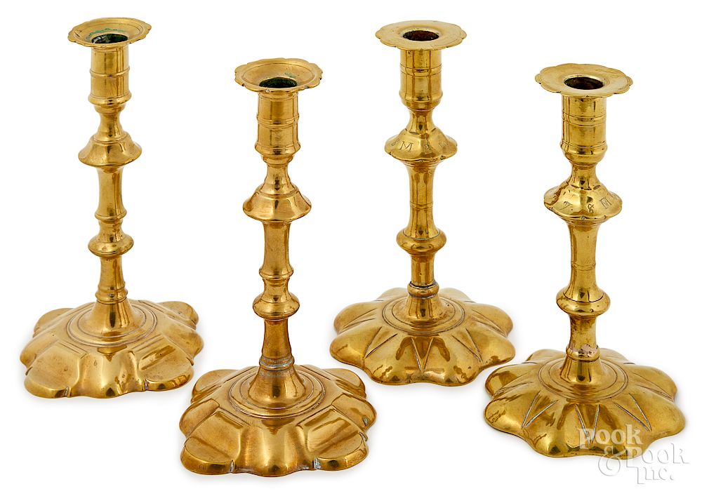 Appraisal: Two pairs of English Queen Anne brass candlestick Two pairs