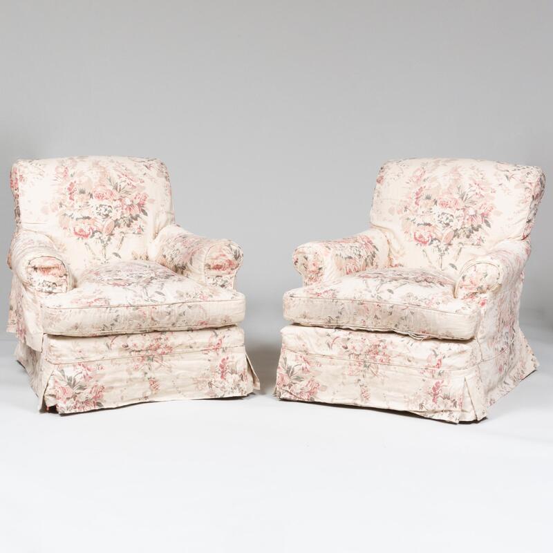 Appraisal: Pair of Pink Floral Linen Upholstered Club Chairs Each with