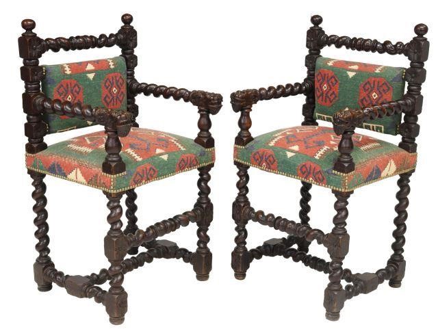 Appraisal: pair French Louis XIII style oak armchairs th c ball