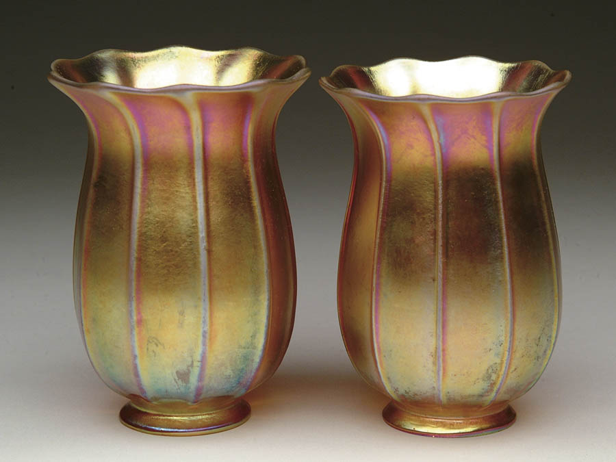 Appraisal: PAIR OF AMERICAN ART GLASS SHADES Nice pair of gold