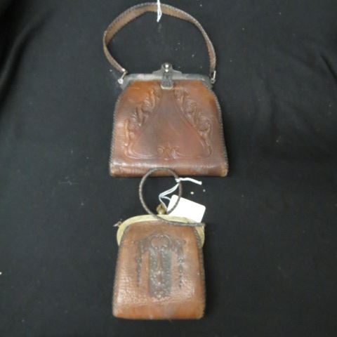 Appraisal: Antique Leather Purses tooled designs