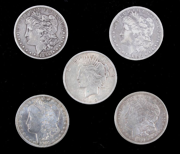 Appraisal: Five U S Silver Dollars - For auction are these