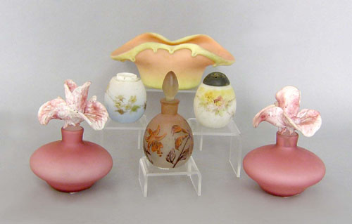 Appraisal: Three glass perfumes together with shakers and a small dish