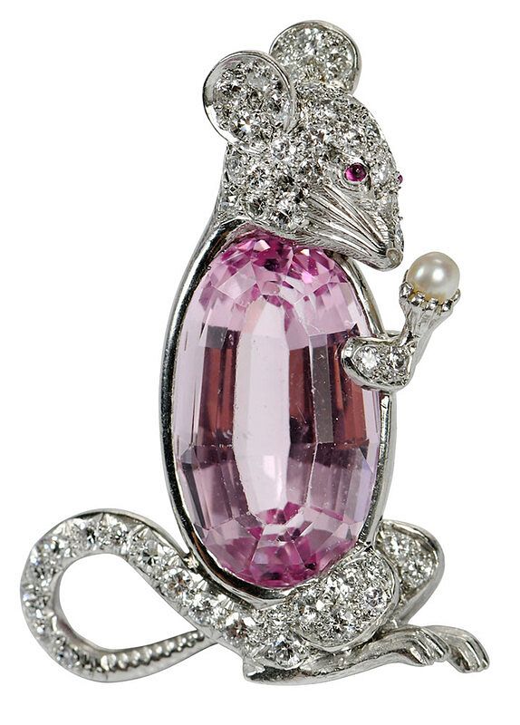 Appraisal: Platinum Gemstone Diamond Brooch mouse design one oval faceted kunzite