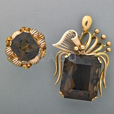 Appraisal: AUSTRIAN K GOLD SMOKEY QUARTZ JEWELRY ca Hand built Volute