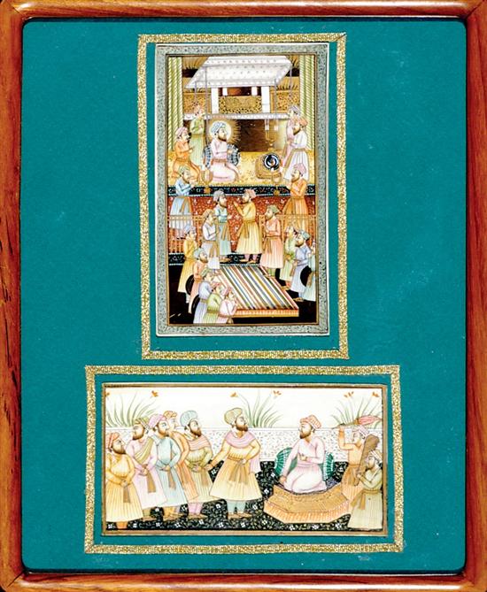 Appraisal: Persian miniature painted ivory panels CEREMONIAL SCENES watercolor framed unsigned