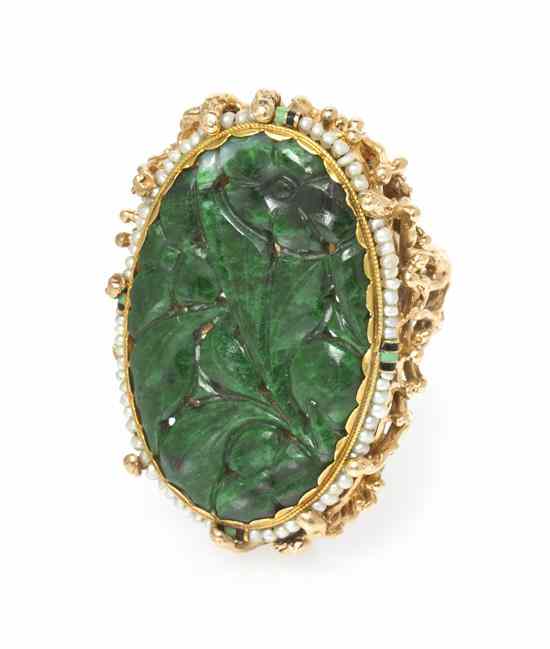 Appraisal: A Vintage Karat Yellow Gold Spinach Jade Seed Pearl and