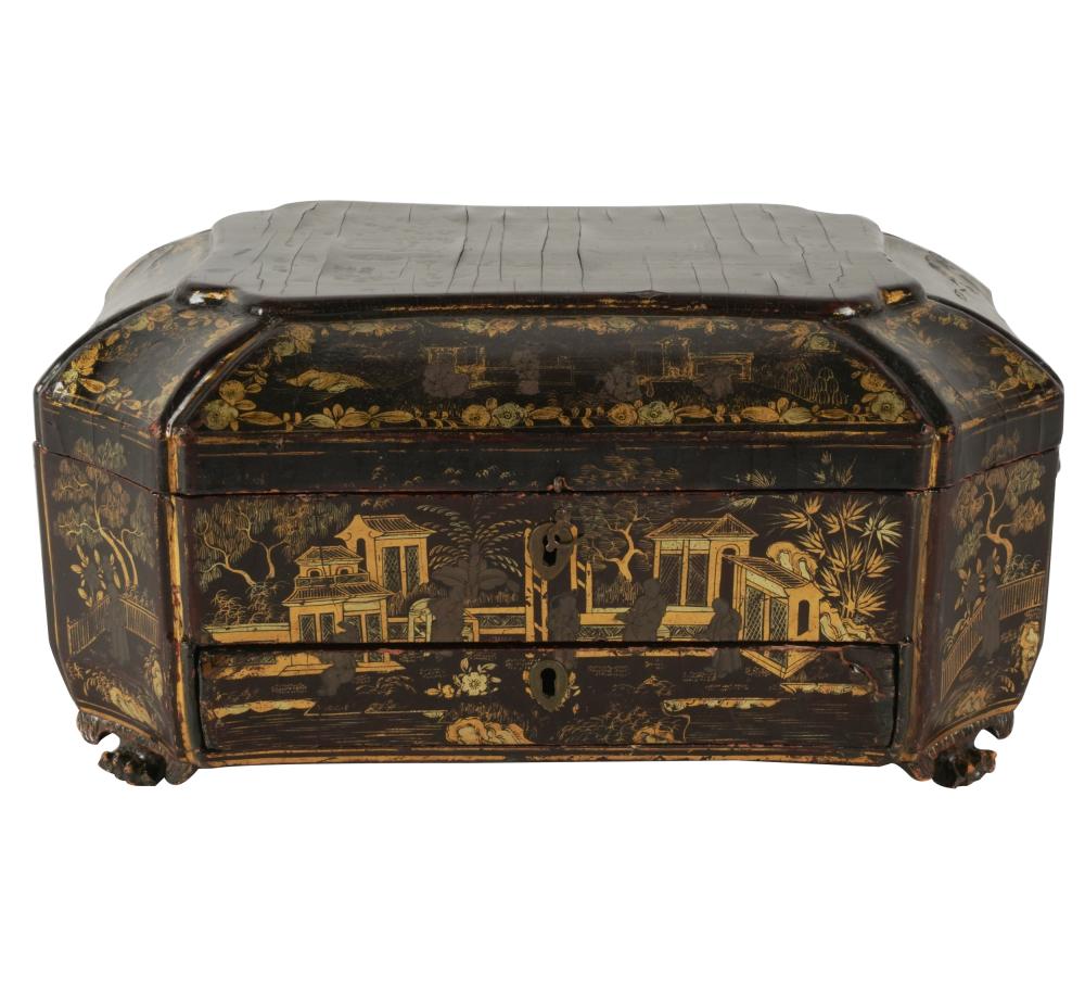 Appraisal: CHINESE EXPORT LACQUER BOXoctagonal with two handles the hinged lid