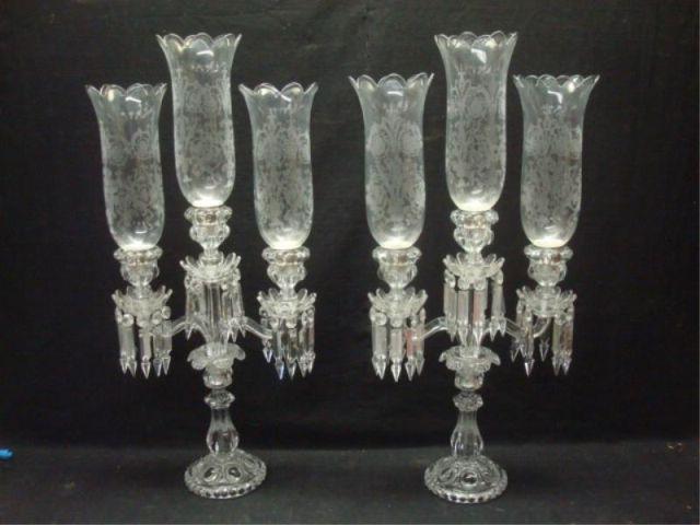 Appraisal: Pair of Possibly Baccarat Candelabra with etched glass hurricane shades