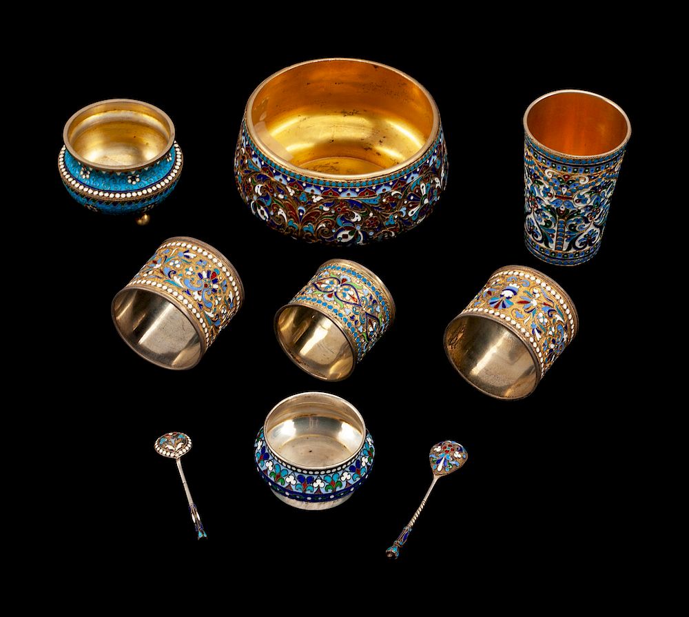 Appraisal: A Group of Seven Russian Enameled Silver Articles A Group