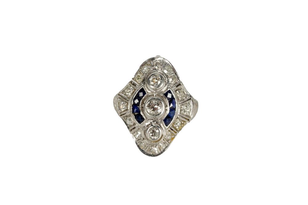 Appraisal: EDWARDIAN PLATINUM DIAMOND SYNTHETIC SAPPHIRE RINGcontaining three old European cut