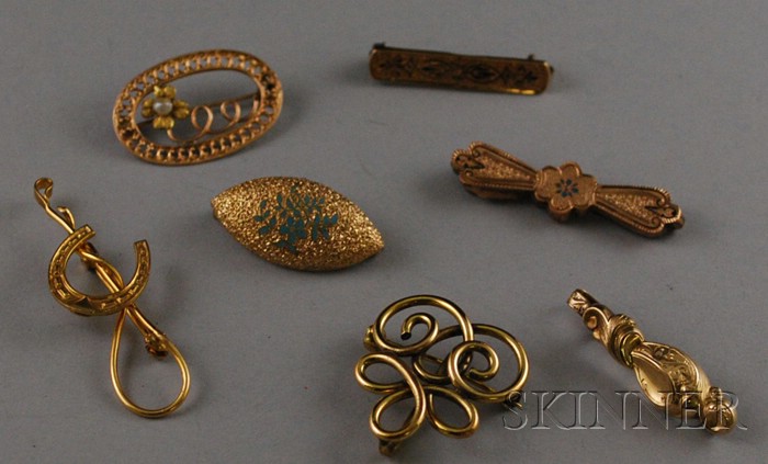 Appraisal: Seven Antique Gold and Gilt Brooches including three enameled brooches