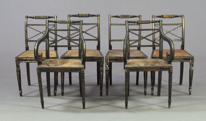 Appraisal: Suite of Six Ebonized and Stenciled Classical Dining Chairs second