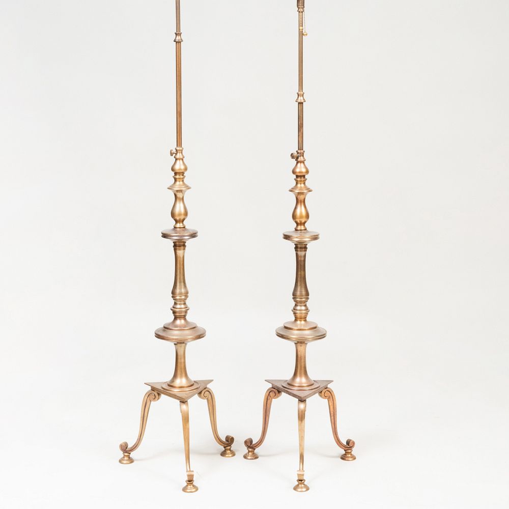 Appraisal: Two Retractable Brass Floor Lamps and Two Brass Shades The