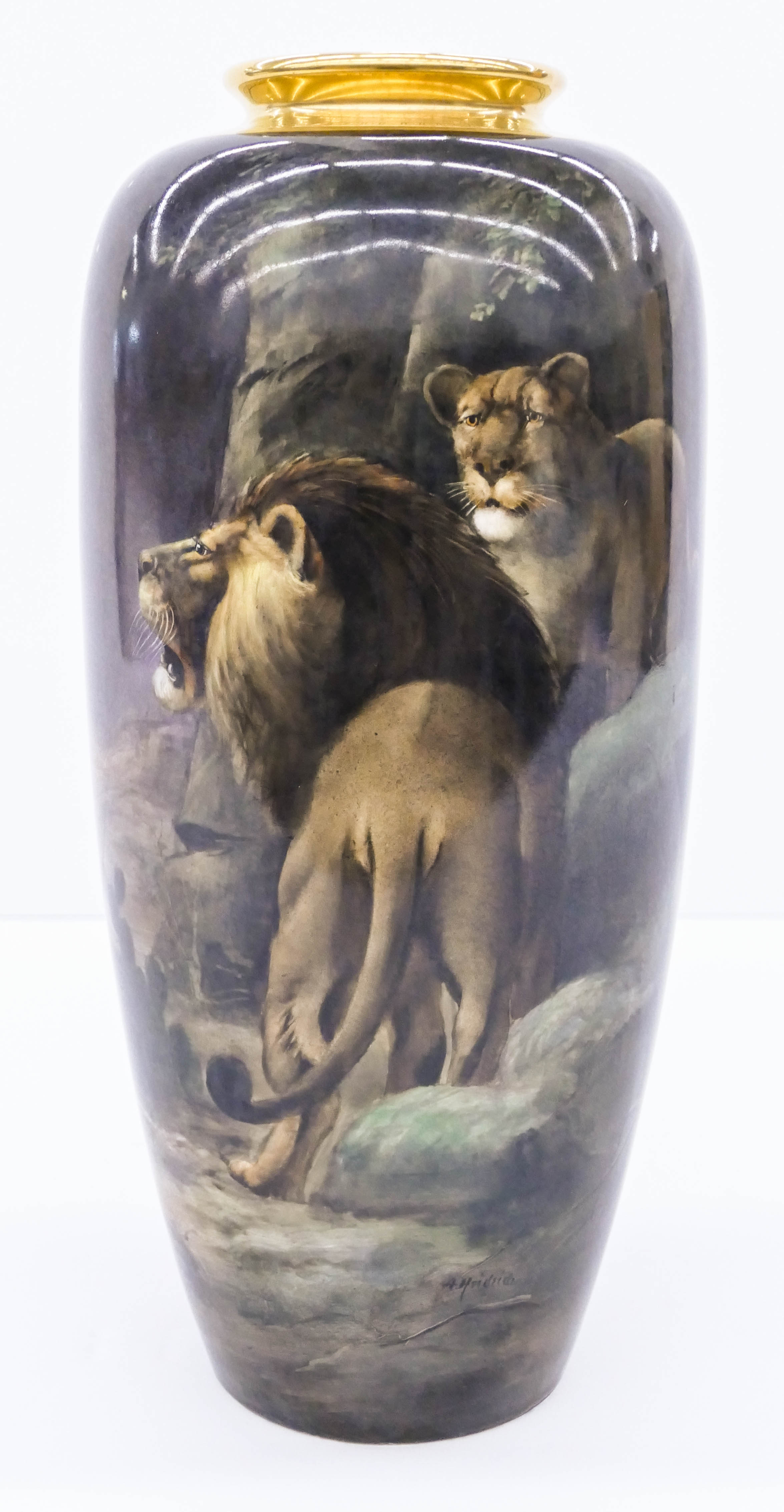 Appraisal: Fine Donath Lions and Indians Porcelain Vase ''x '' Impressive