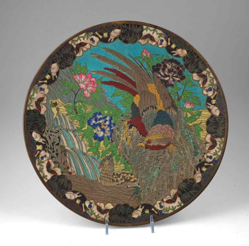 Appraisal: CHINESE CLOISONNE CHARGER Bird of paradise with butterflies and floral