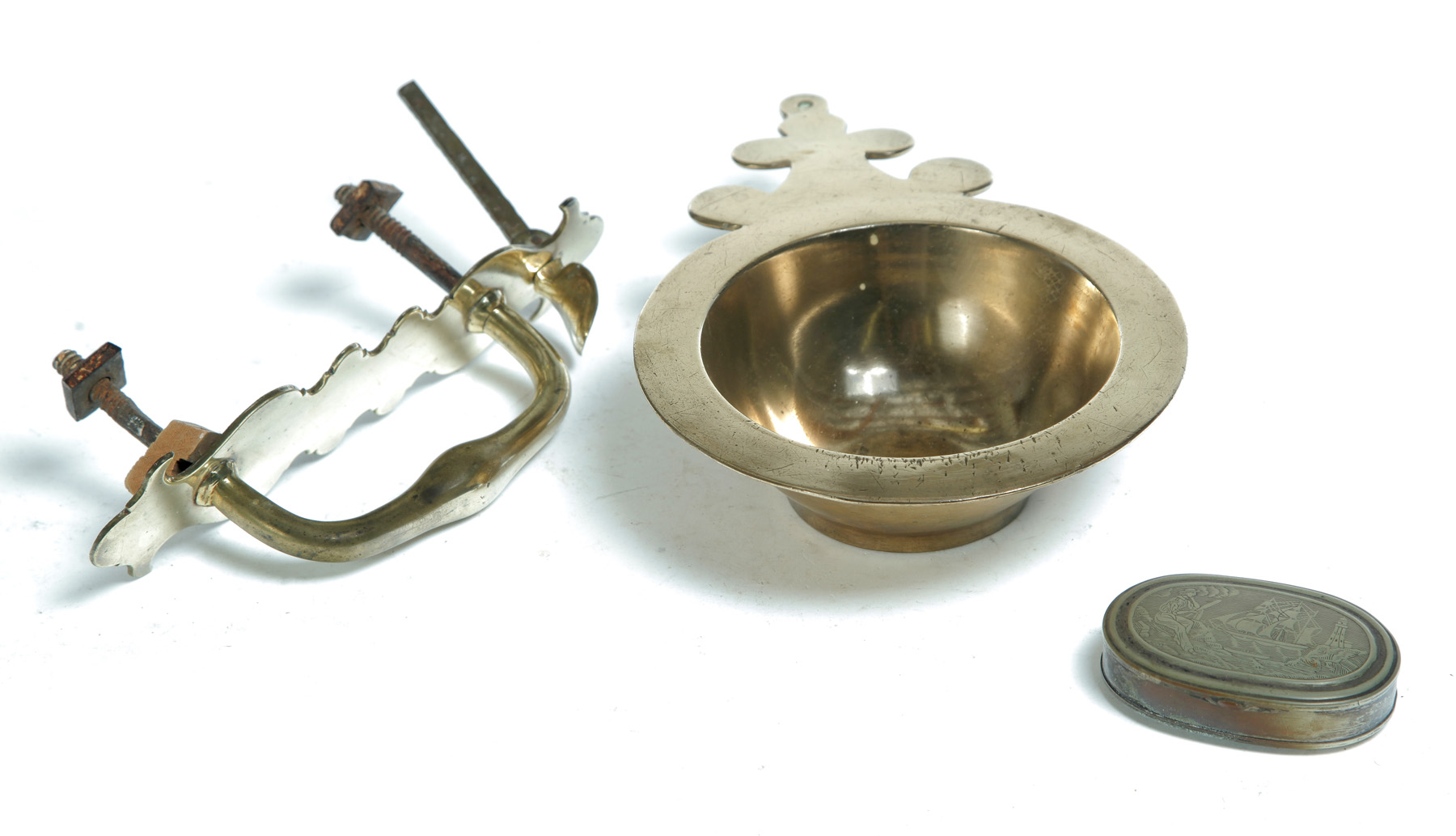 Appraisal: THREE PIECES INCLUDING BRASS PORRINGER European th century Brass oversize