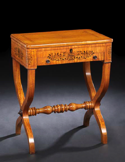 Appraisal: Biedermeier Satinwood Work Table mid- th century the rounded rectangular