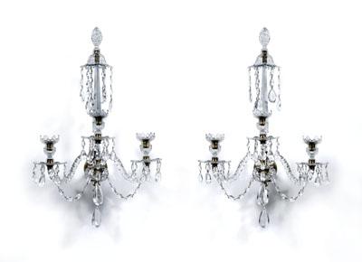 Appraisal: Pair brass mounted crystal sconces each with three scrolled cut