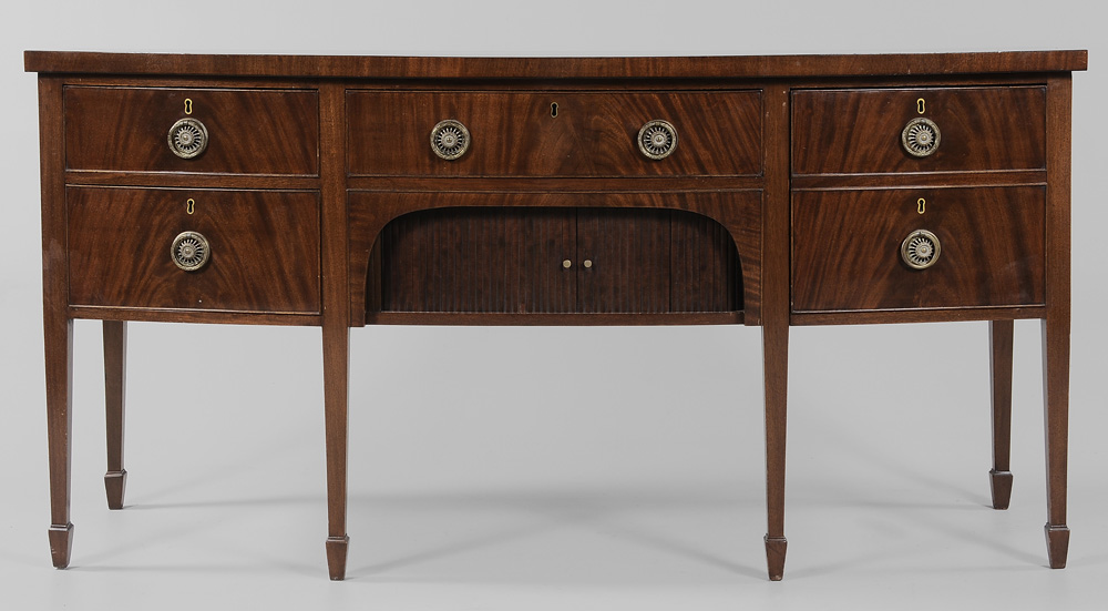 Appraisal: Hepplewhite Inlaid Mahogany Tambour Sideboard British th century figured mahogany