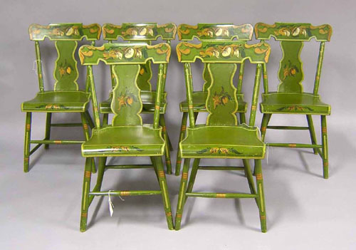 Appraisal: Set of painted plank seat chairs th c Provenance The