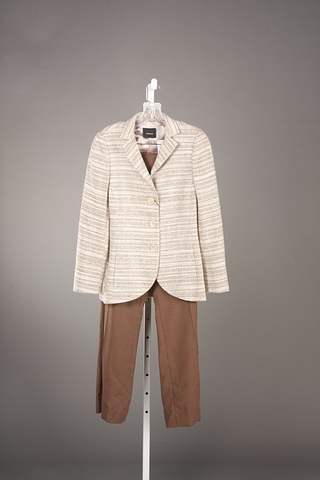 Appraisal: Akris cream brown horizontal stripe jacket with coffee slacks Size